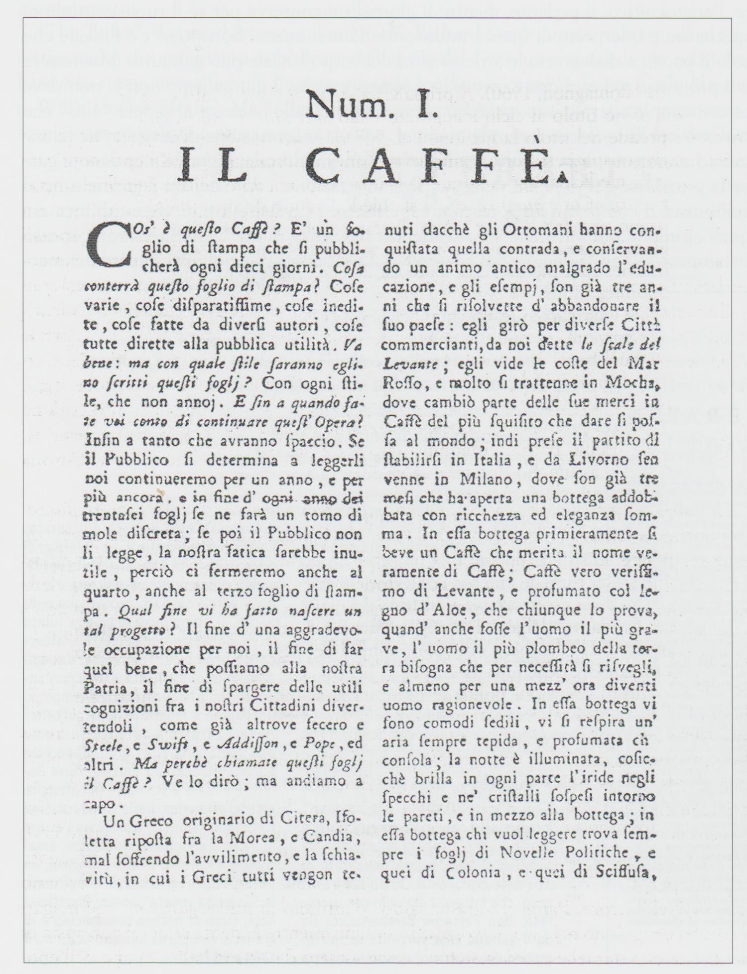 Prima pagina del periodico Il Caffè, numero I del 1764